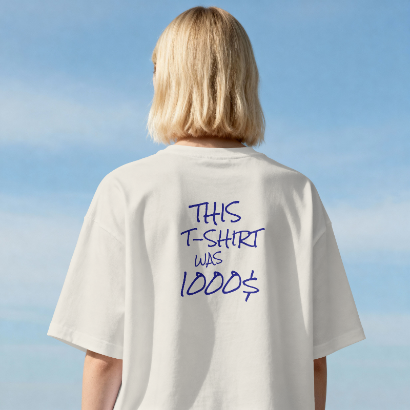 Model wearing the off-white shirt with ink-blue back print